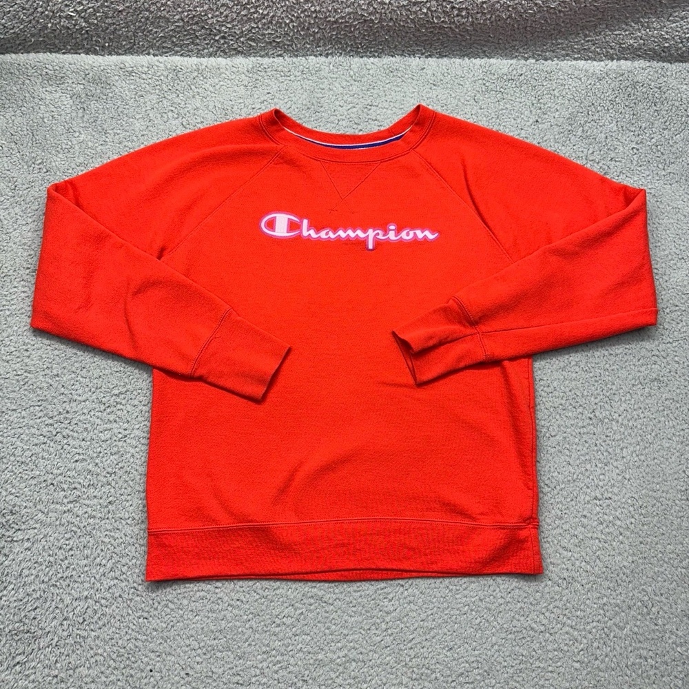 Champion Women’s Size Medium Crewneck Sweatshirt Red/Orange Script Logo Pullover